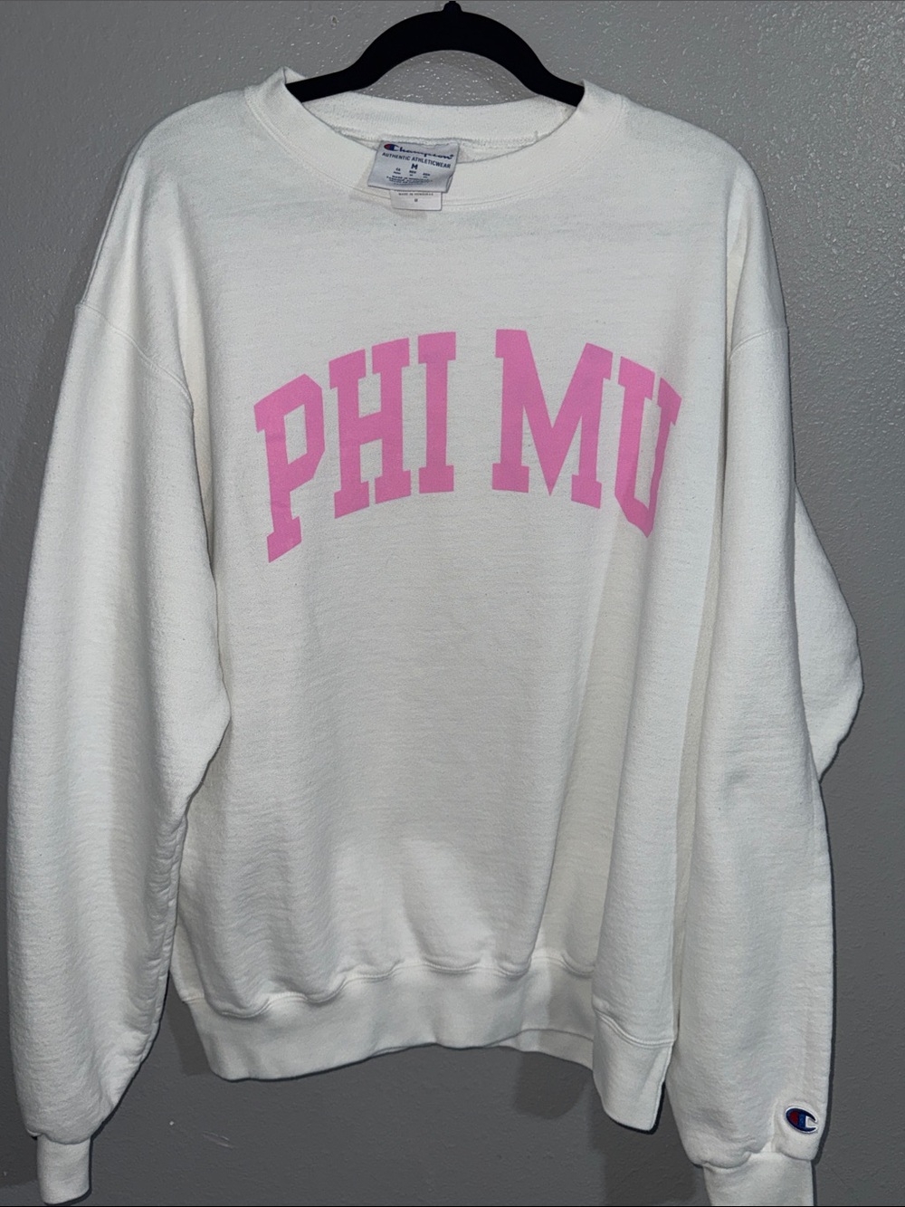Champion White Crewneck Sweatshirt with Pink "PHI MU" Print